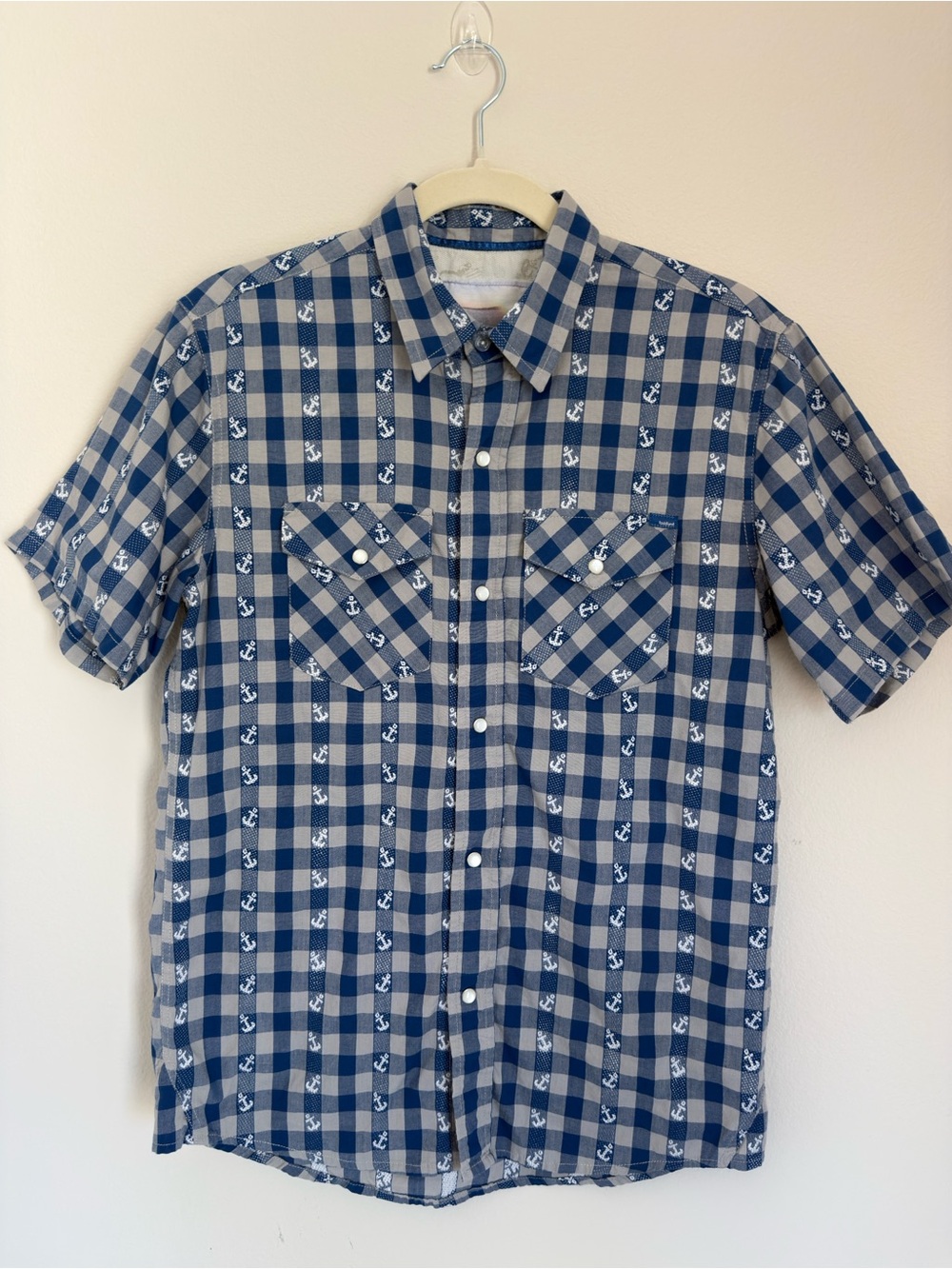Toddland Men's S Blue Gray Short-Sleeve Shirt Nautical Anchor Print Snap Buttons
